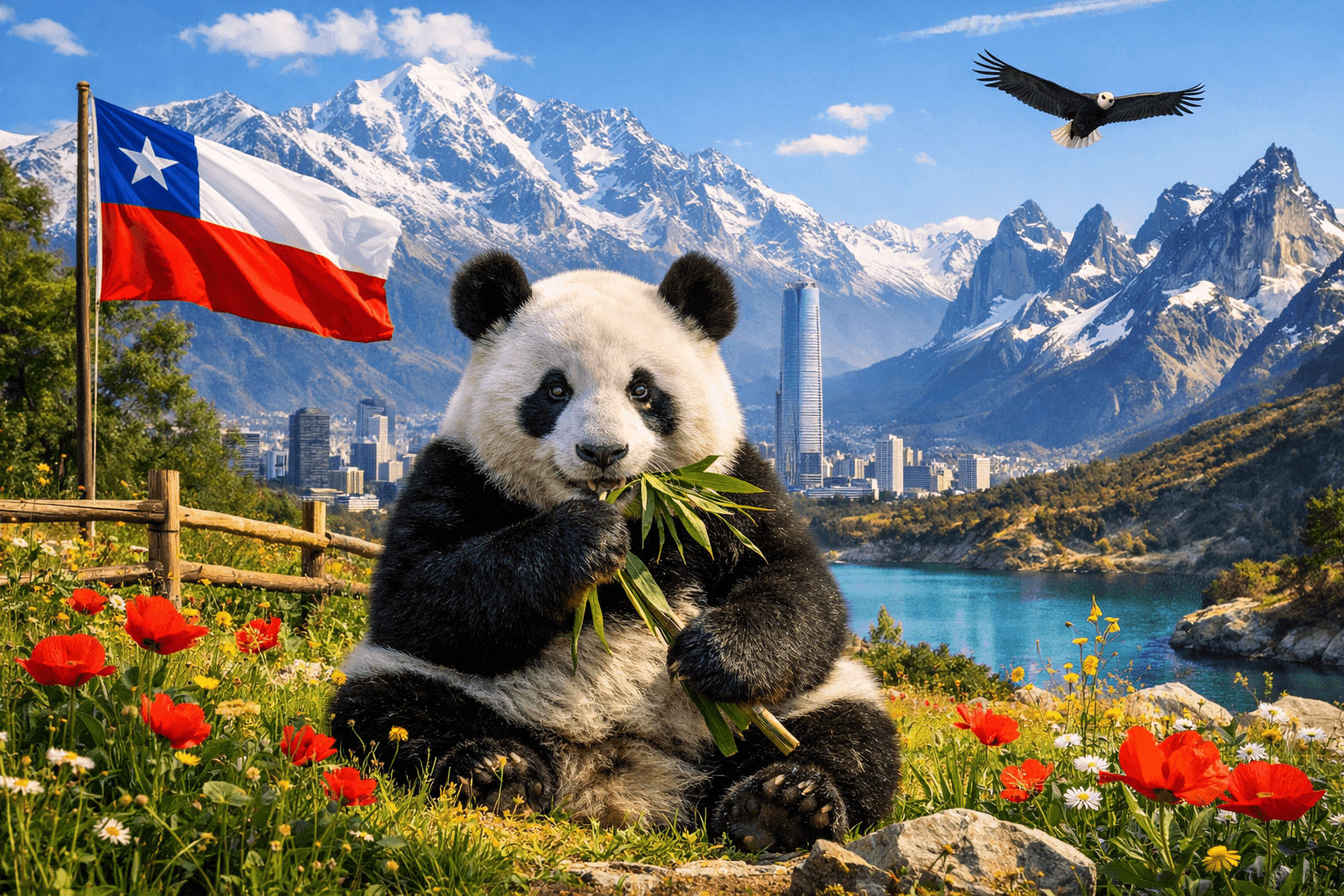 Un panda en un paisaje Chileno